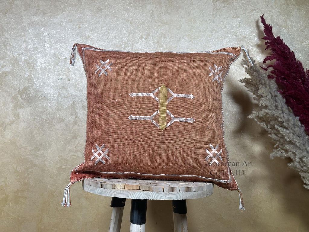 Moroccan Silk Pillow Cover, Handmade Boho Pillowcase, Rust Brown Tribal Embroidery, Custom Sizes for Sofa - product image 1