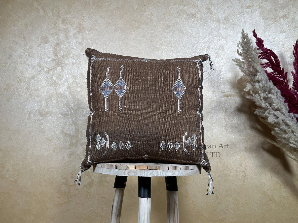 Handmade Moroccan Silk Pillow Cover, Brown Boho Pillowcase, Tribal Diamond Embroidery, Sofa Couch Floor C - product image 1