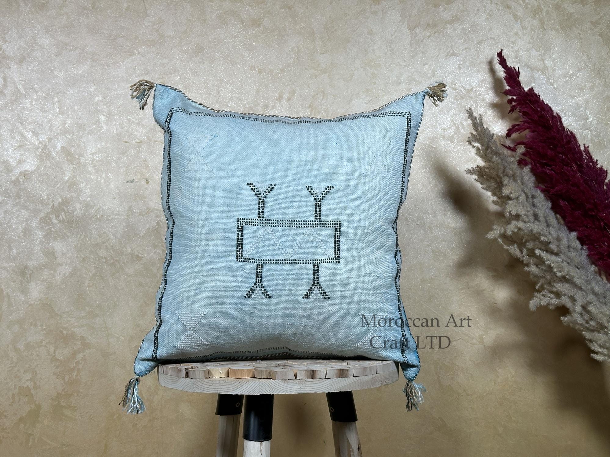 Handmade Moroccan Kilim Pillow Cover, Navy Boho Pillow, Cactus Silk Cushion Cover for Sofa Bed Decor - product image 1