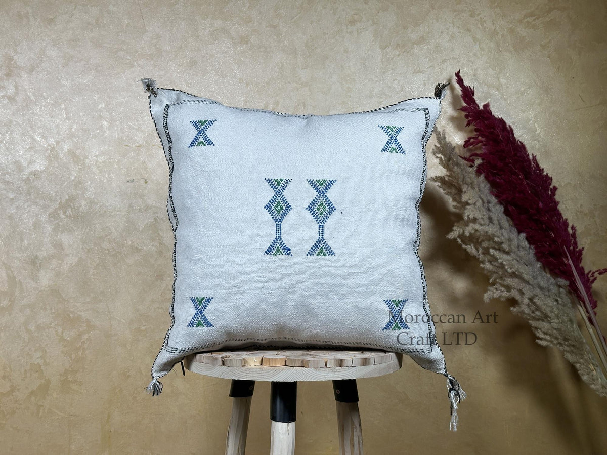 Handmade Moroccan Pillow Cover, Navy Boho Cushion, Kilim Cactus Silk Pillow for Sofa Bed Bench - product image 1