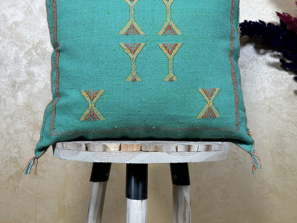Teal Moroccan Sabra Pillow Cover, Handmade Boho Cushion, Embroidered Silk Pillowcase, Turquoise Boho Pill - product image 2