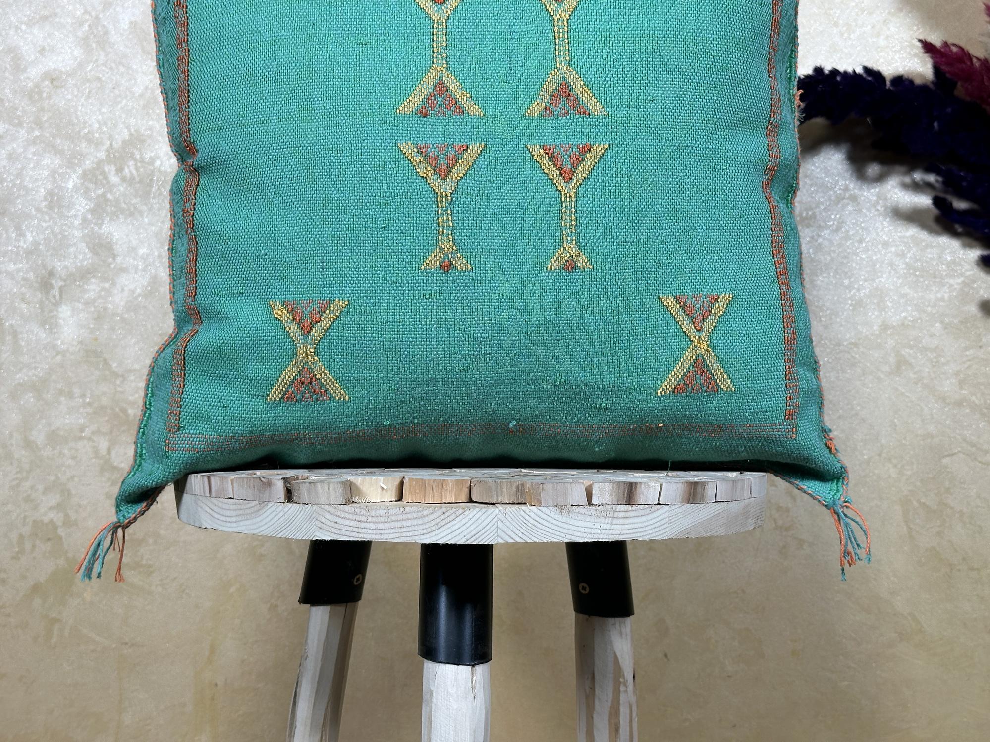 Teal Moroccan Sabra Pillow Cover, Handmade Boho Cushion, Embroidered Silk Pillowcase, Turquoise Boho Pill - product image 2