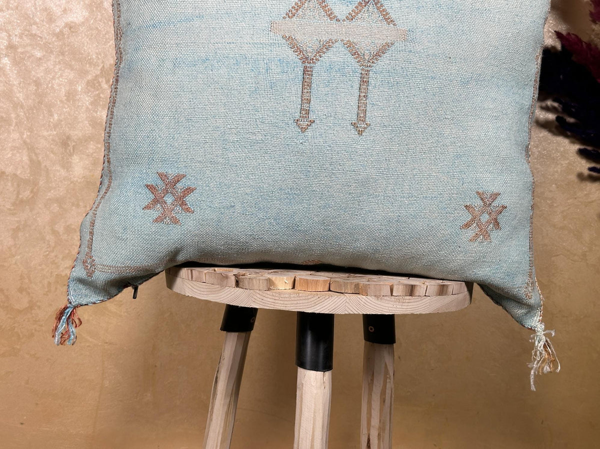 Light Blue Cactus Silk Pillow Cover, Moroccan Boho Woven Cushion, Handmade Sabra Throw Pillow for Sofa Be - product image 2
