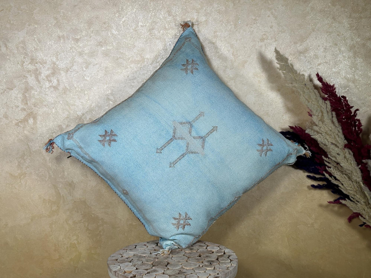 Light Blue Cactus Silk Pillow Cover, Moroccan Boho Woven Cushion, Handmade Sabra Throw Pillow for Sofa Be - product image 7