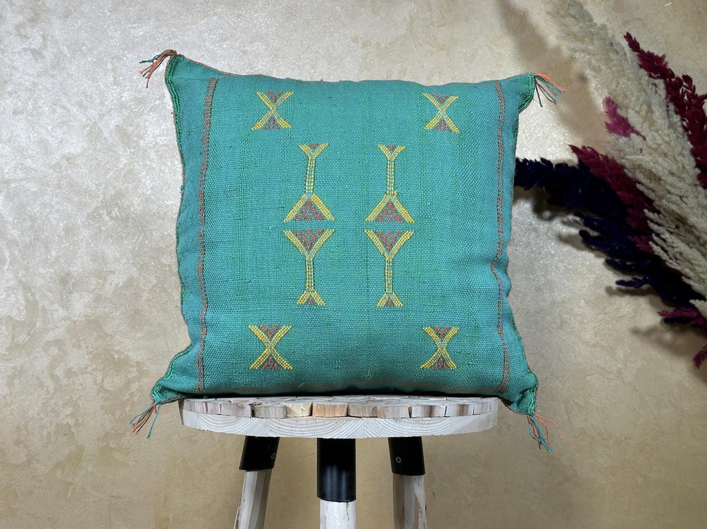 Turquoise Cactus Silk Cushion Cover, Moroccan Kilim Pillow Cover, Handmade Boho Berber Style Cushion, Lux - product image 2