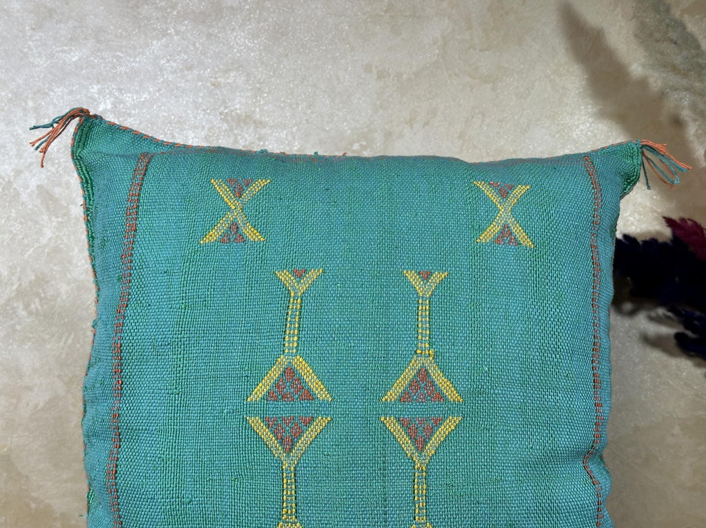 Turquoise Cactus Silk Cushion Cover, Moroccan Kilim Pillow Cover, Handmade Boho Berber Style Cushion, Lux - product image 4