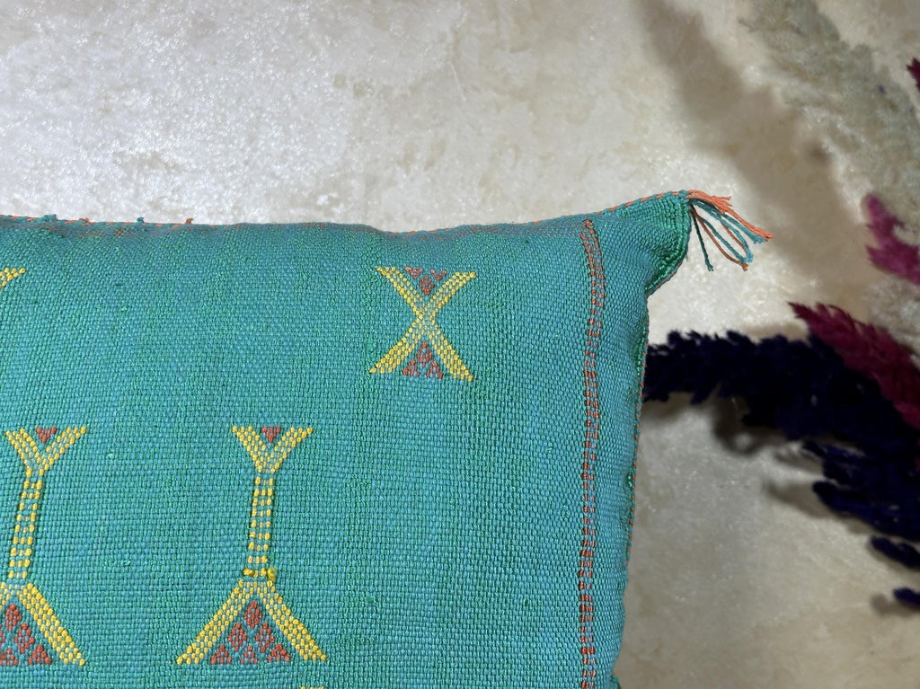 Turquoise Cactus Silk Cushion Cover, Moroccan Kilim Pillow Cover, Handmade Boho Berber Style Cushion, Lux - product image 5