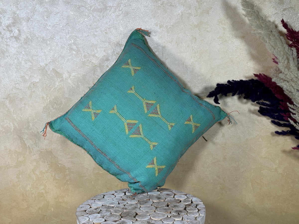 Turquoise Cactus Silk Cushion Cover, Moroccan Kilim Pillow Cover, Handmade Boho Berber Style Cushion, Lux - product image 9