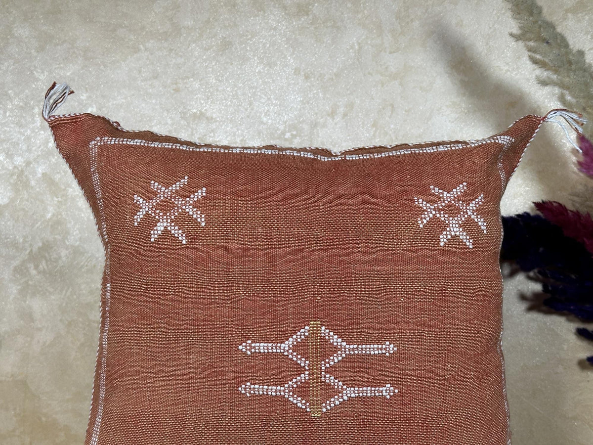 Terracotta Moroccan Cactus Silk Pillow Cover, Boho Embroidered Cushion, Handmade Woven Pillow Case for So - product image 3