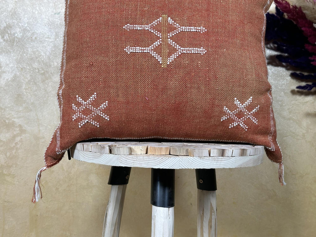 Terracotta Moroccan Pillow Cover, Handmade Boho Cushion with Ivory Geometric Embroidery, Woven Sabra Styl - product image 2