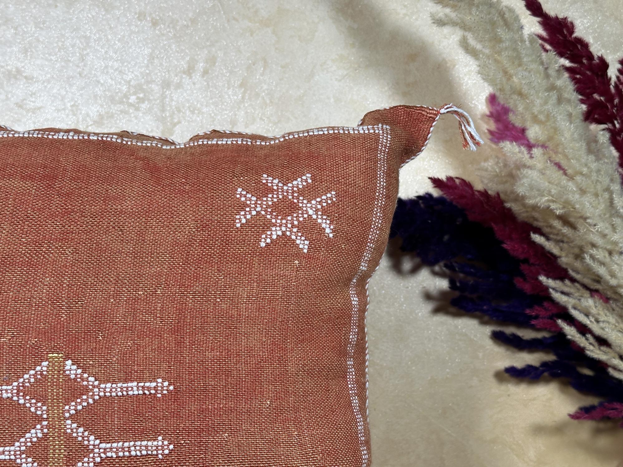 Terracotta Moroccan Pillow Cover, Handmade Boho Cushion with Ivory Geometric Embroidery, Woven Sabra Styl - product image 4