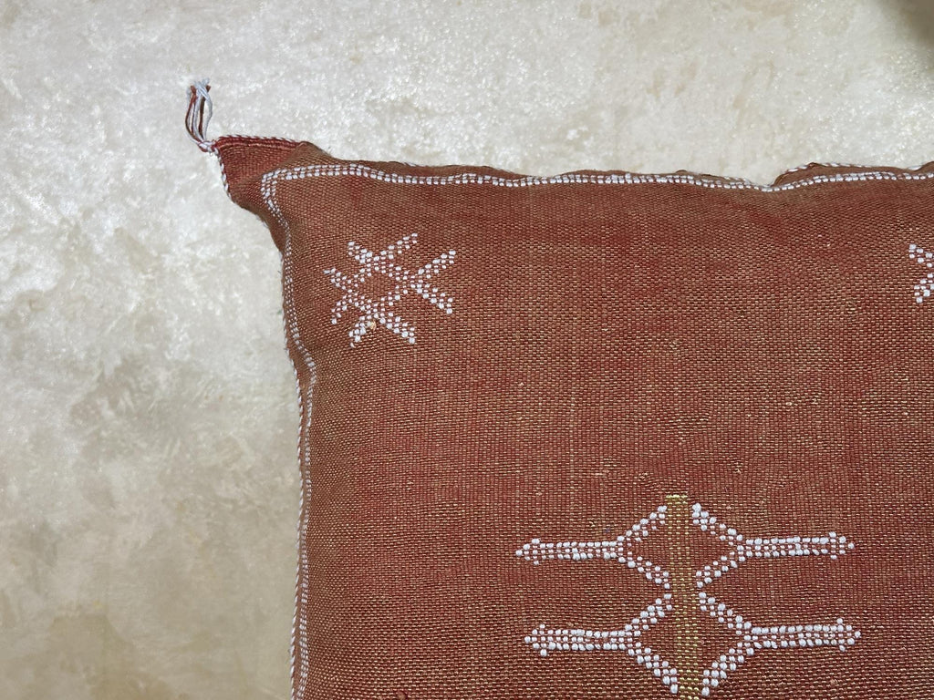 Terracotta Moroccan Pillow Cover, Handmade Boho Cushion with Ivory Geometric Embroidery, Woven Sabra Styl - product image 5