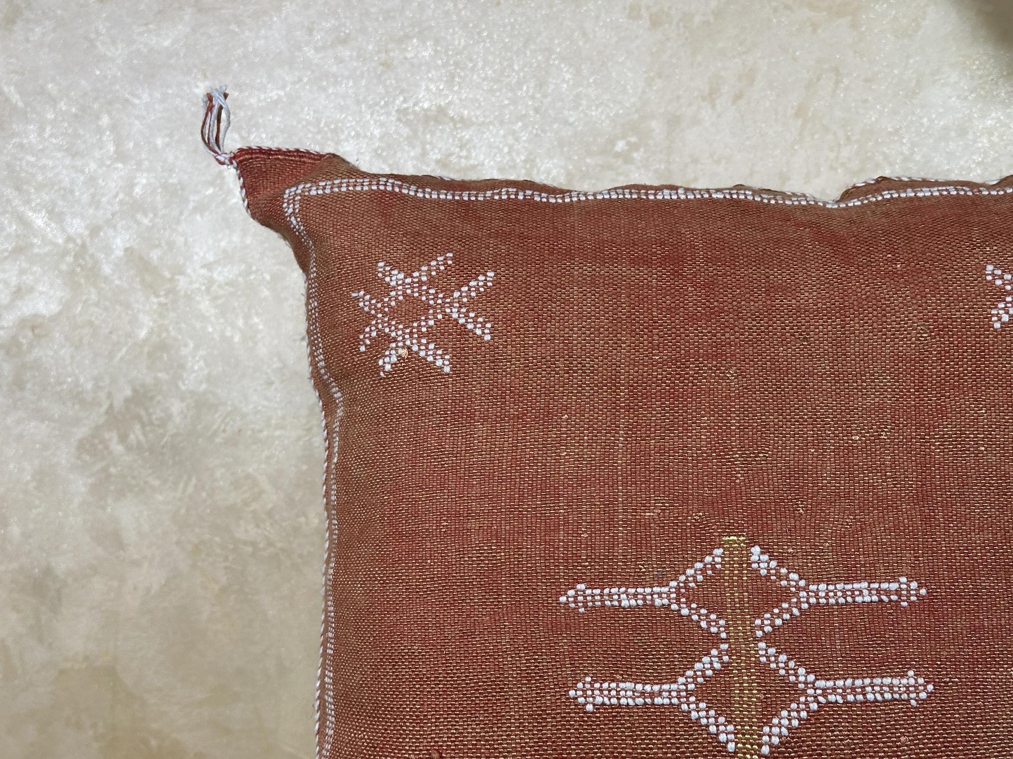 Terracotta Moroccan Pillow Cover, Handmade Boho Cushion with Ivory Geometric Embroidery, Woven Sabra Styl - product image 5