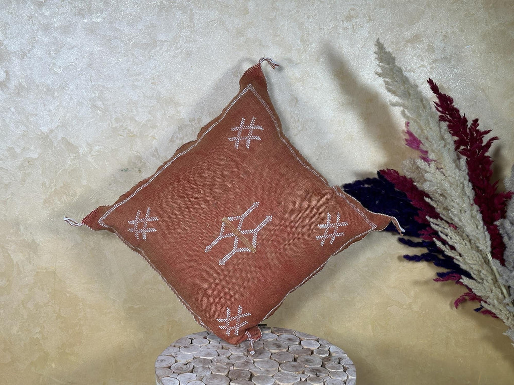 Terracotta Moroccan Pillow Cover, Handmade Boho Cushion with Ivory Geometric Embroidery, Woven Sabra Styl - product image 8
