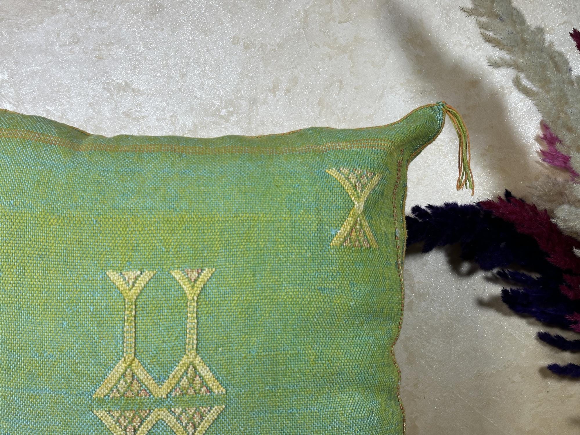 Green Moroccan Silk Pillow Cover, Gold Embroidered Boho Cushion, Handmade Luxury Decorative Pillowcase fo - product image 4