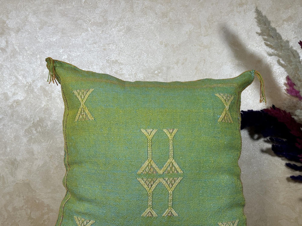 Green Moroccan Silk Pillow Cover, Gold Embroidered Boho Cushion, Handmade Luxury Decorative Pillowcase fo - product image 3