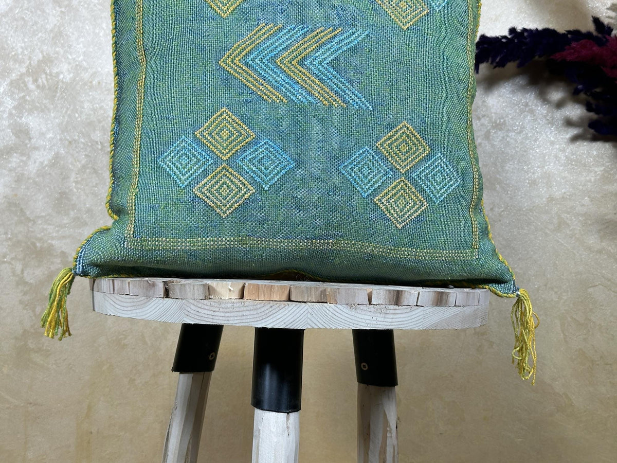 Teal Cactus Silk Pillow Cover, Handmade Moroccan Kilim Cushion, Boho Woven Tassel Pillowcase, Luxury Sofa - product image 2