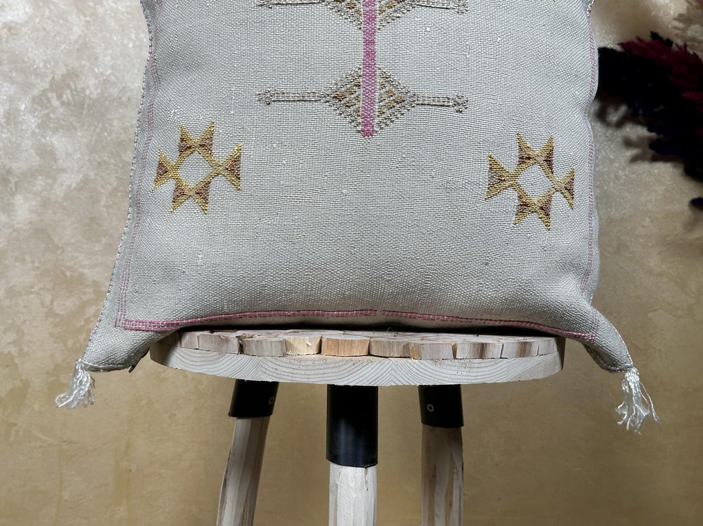 Cream Moroccan Sabra Pillow Cover, Handmade Boho Embroidered Cushion, Grey Woven Pillowcase with Gold Pin - product image 2