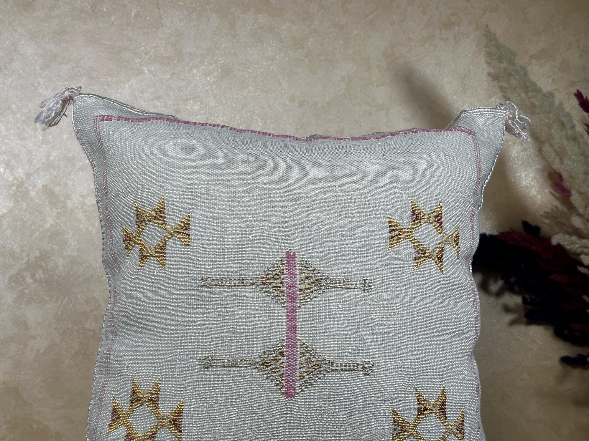 Cream Moroccan Sabra Pillow Cover, Handmade Boho Embroidered Cushion, Grey Woven Pillowcase with Gold Pin - product image 3