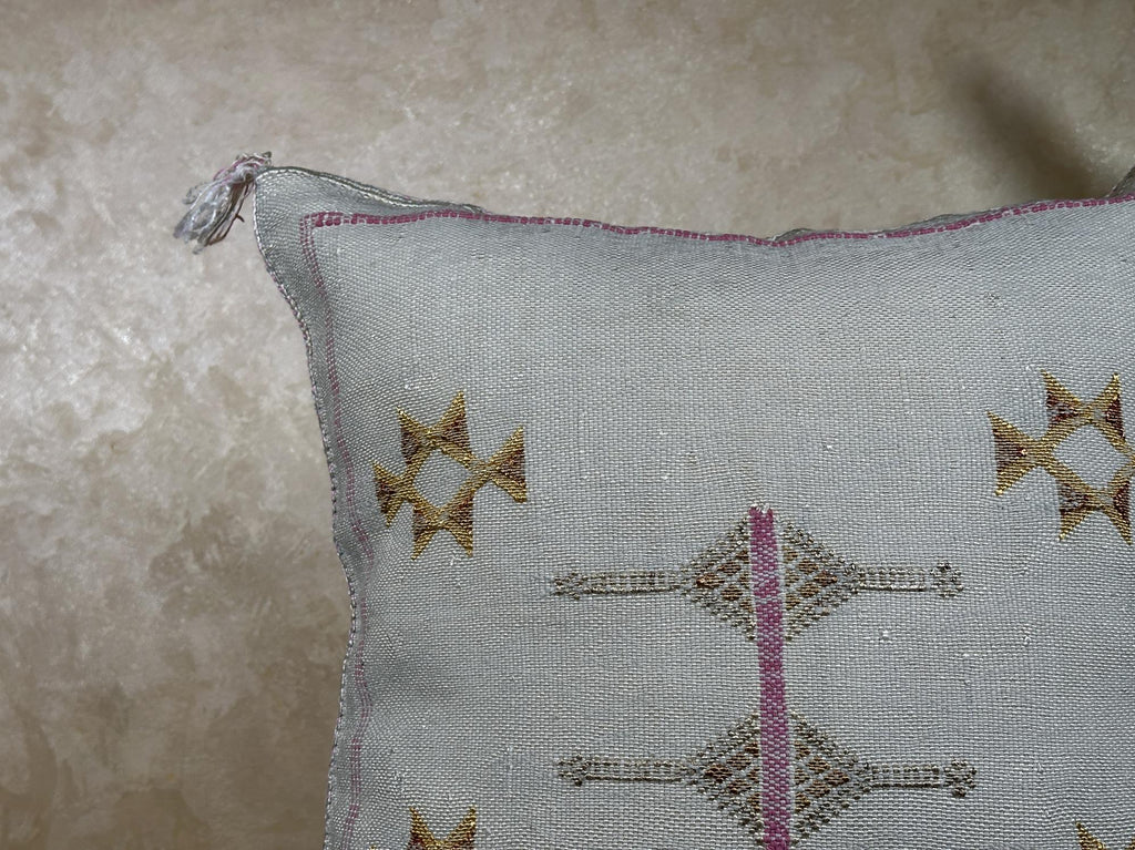 Cream Moroccan Sabra Pillow Cover, Handmade Boho Embroidered Cushion, Grey Woven Pillowcase with Gold Pin - product image 5