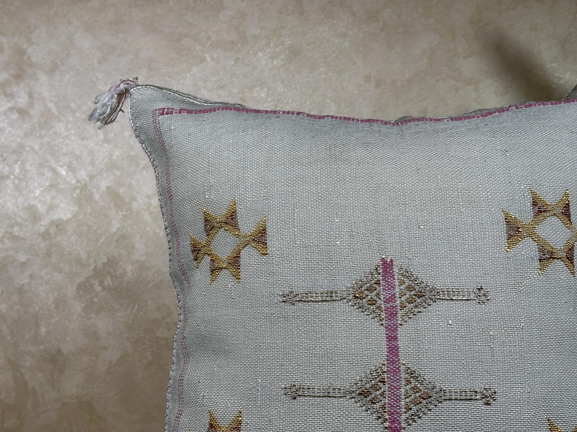 Cream Moroccan Sabra Pillow Cover, Handmade Boho Embroidered Cushion, Grey Woven Pillowcase with Gold Pin - product image 5