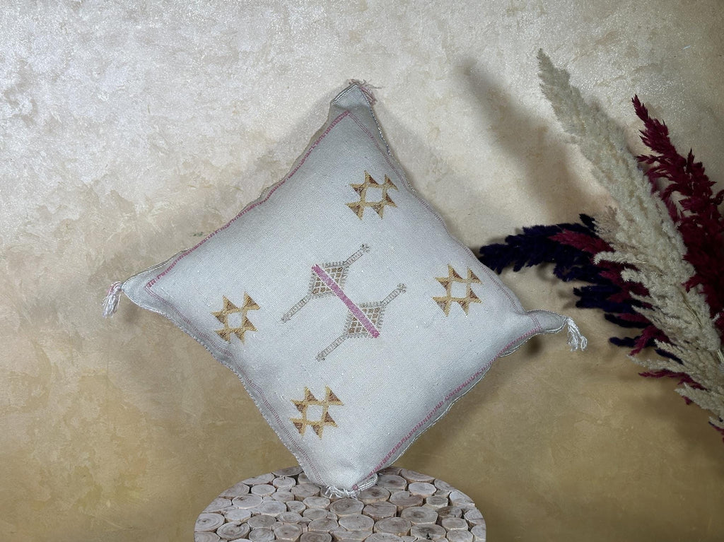 Cream Moroccan Sabra Pillow Cover, Handmade Boho Embroidered Cushion, Grey Woven Pillowcase with Gold Pin - product image 8