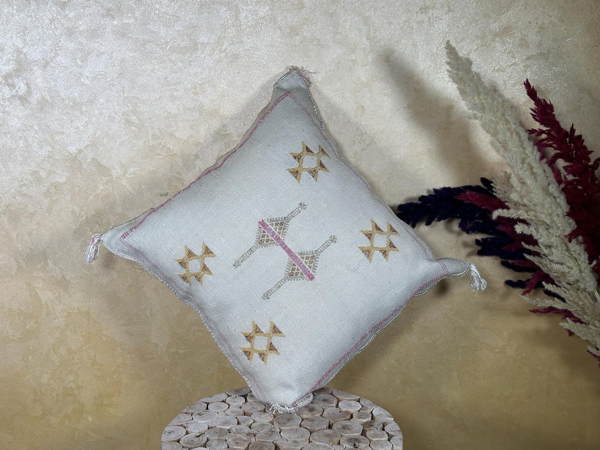 Cream Moroccan Sabra Pillow Cover, Handmade Boho Embroidered Cushion, Grey Woven Pillowcase with Gold Pin - product image 8