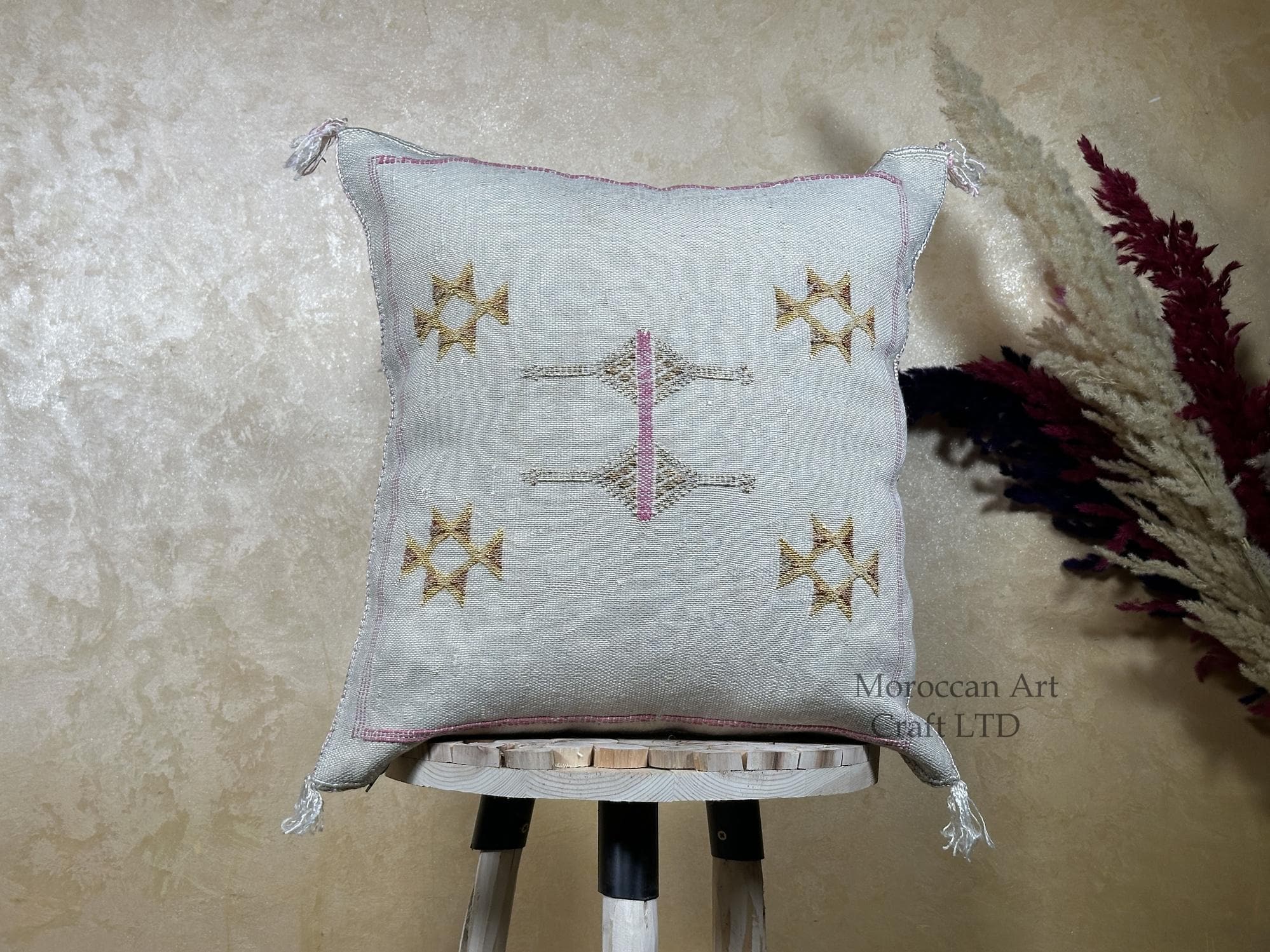 Cream Moroccan Sabra Pillow Cover, Handmade Boho Embroidered Cushion, Grey Woven Pillowcase with Gold Pin - product image 1