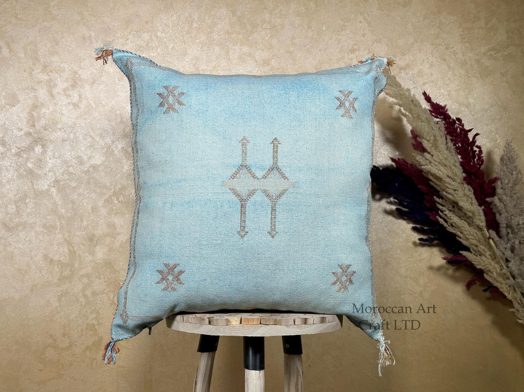 Light Blue Cactus Silk Pillow Cover, Moroccan Boho Woven Cushion, Handmade Sabra Throw Pillow for Sofa Be - product image 1