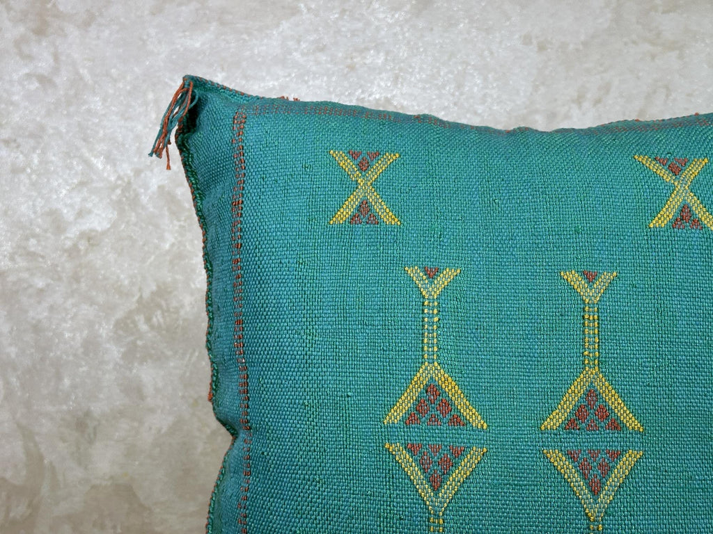Teal Moroccan Kilim Pillow Cover, Boho Cushion Sham With Yellow Embroidery, Handmade Geo Pillowcase for S - product image 5