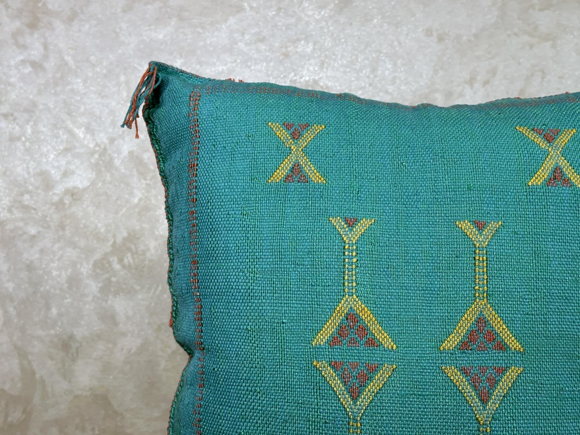 Teal Moroccan Kilim Pillow Cover, Boho Cushion Sham With Yellow Embroidery, Handmade Geo Pillowcase for S - product image 5