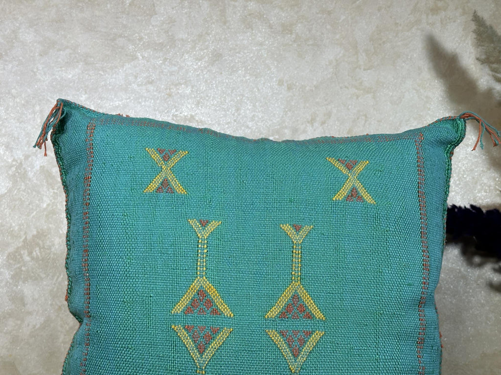 Teal Moroccan Kilim Pillow Cover, Boho Cushion Sham With Yellow Embroidery, Handmade Geo Pillowcase for S - product image 6