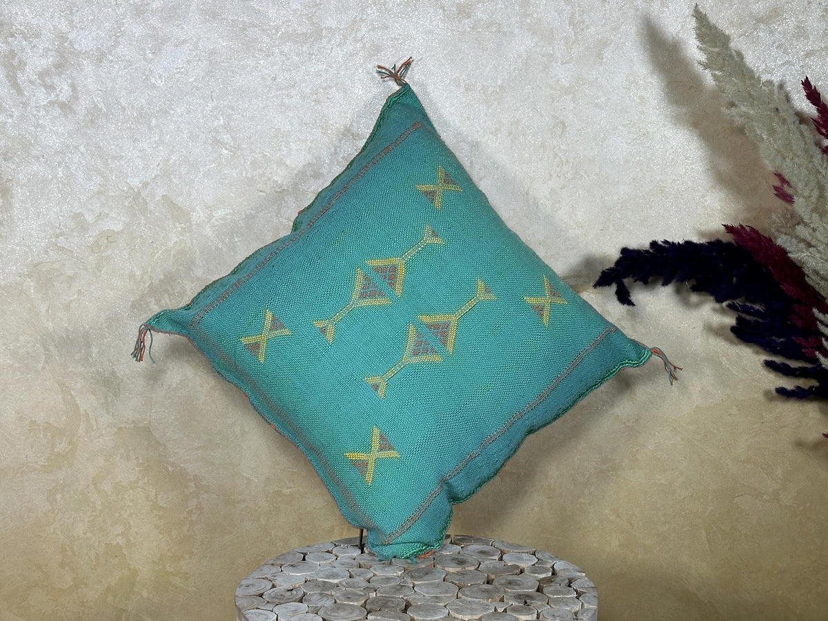 Teal Moroccan Kilim Pillow Cover, Boho Cushion Sham With Yellow Embroidery, Handmade Geo Pillowcase for S - product image 7
