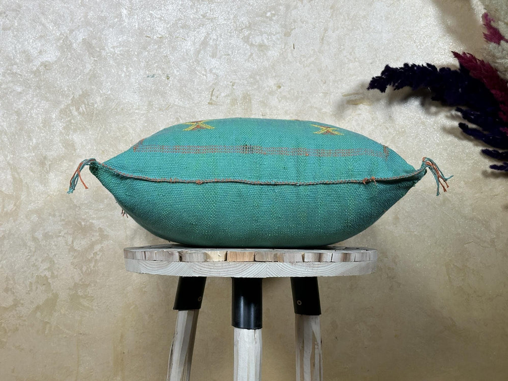 Teal Moroccan Kilim Pillow Cover, Boho Cushion Sham With Yellow Embroidery, Handmade Geo Pillowcase for S - product image 8