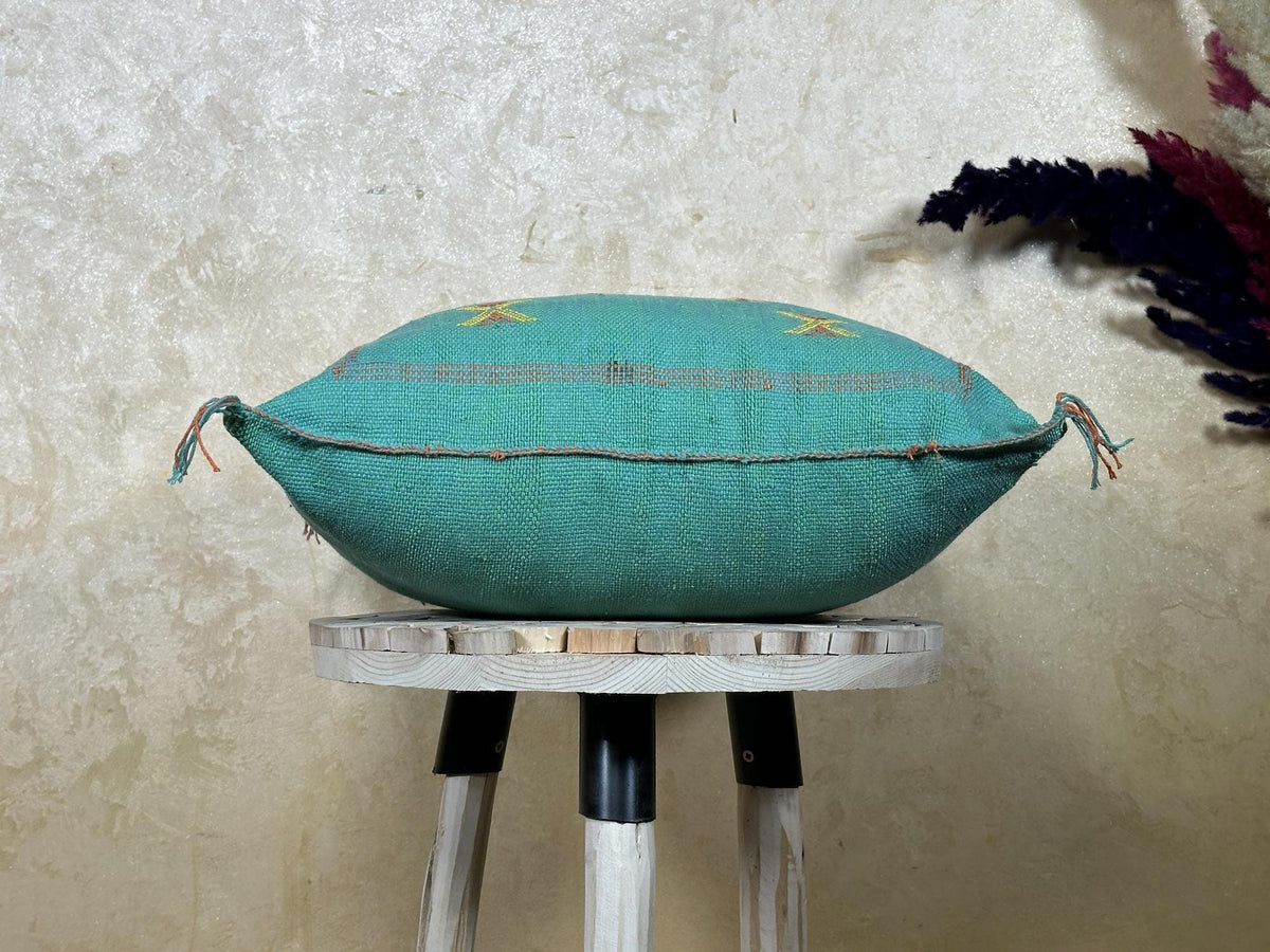 Teal Moroccan Kilim Pillow Cover, Boho Cushion Sham With Yellow Embroidery, Handmade Geo Pillowcase for S - product image 8