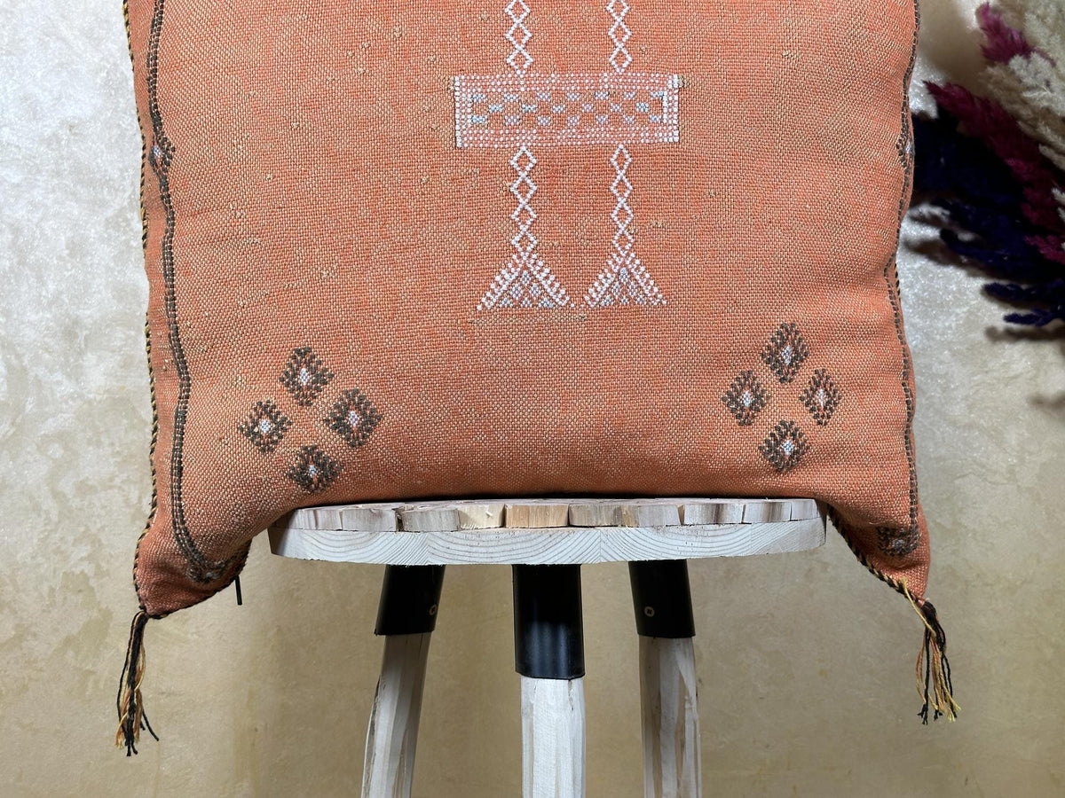 Terracotta Moroccan Cactus Silk Pillow Cover, Handmade Berber Kilim Cushion, Boho Woven Textured Tassel D - product image 4