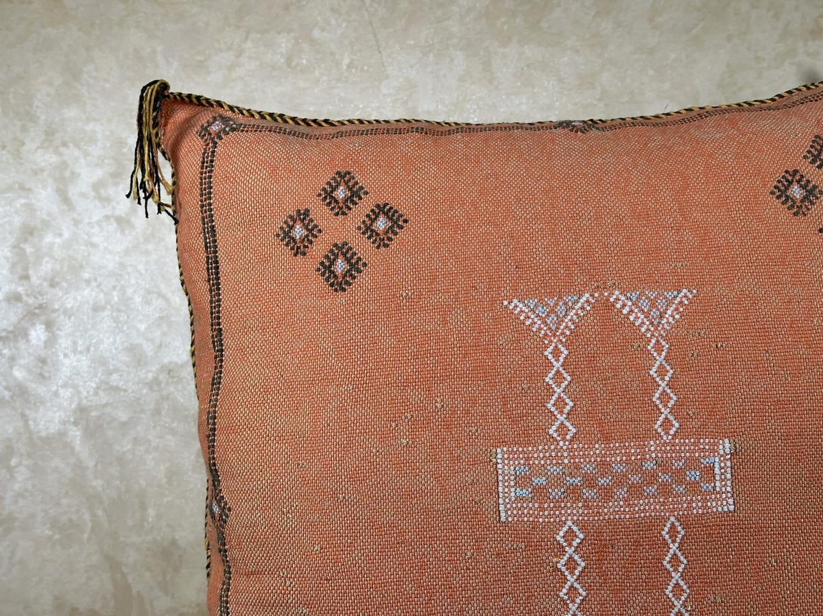 Terracotta Moroccan Cactus Silk Pillow Cover, Handmade Berber Kilim Cushion, Boho Woven Textured Tassel D - product image 2