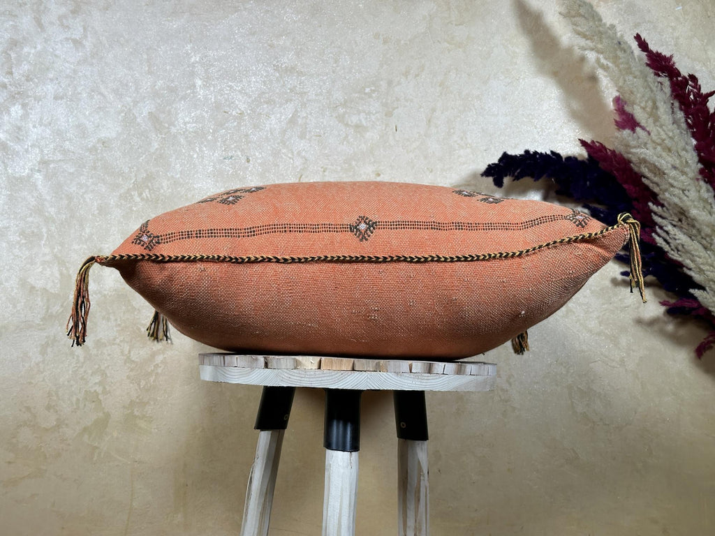 Terracotta Moroccan Cactus Silk Pillow Cover, Handmade Berber Kilim Cushion, Boho Woven Textured Tassel D - product image 7