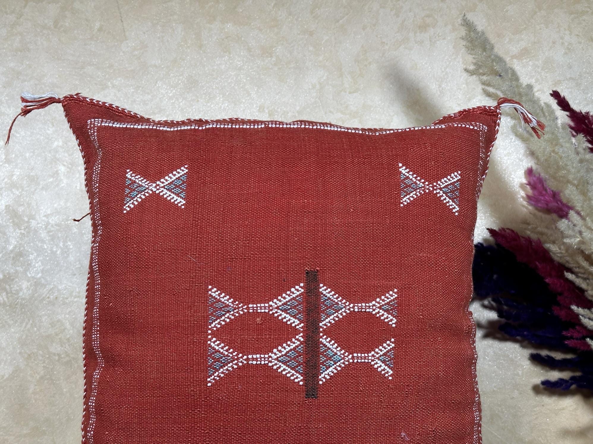 Rust Cactus Silk Pillow Cover, Moroccan Berber Pillow, Terracotta Boho Cushion Cover, Handmade Embroidere - product image 3