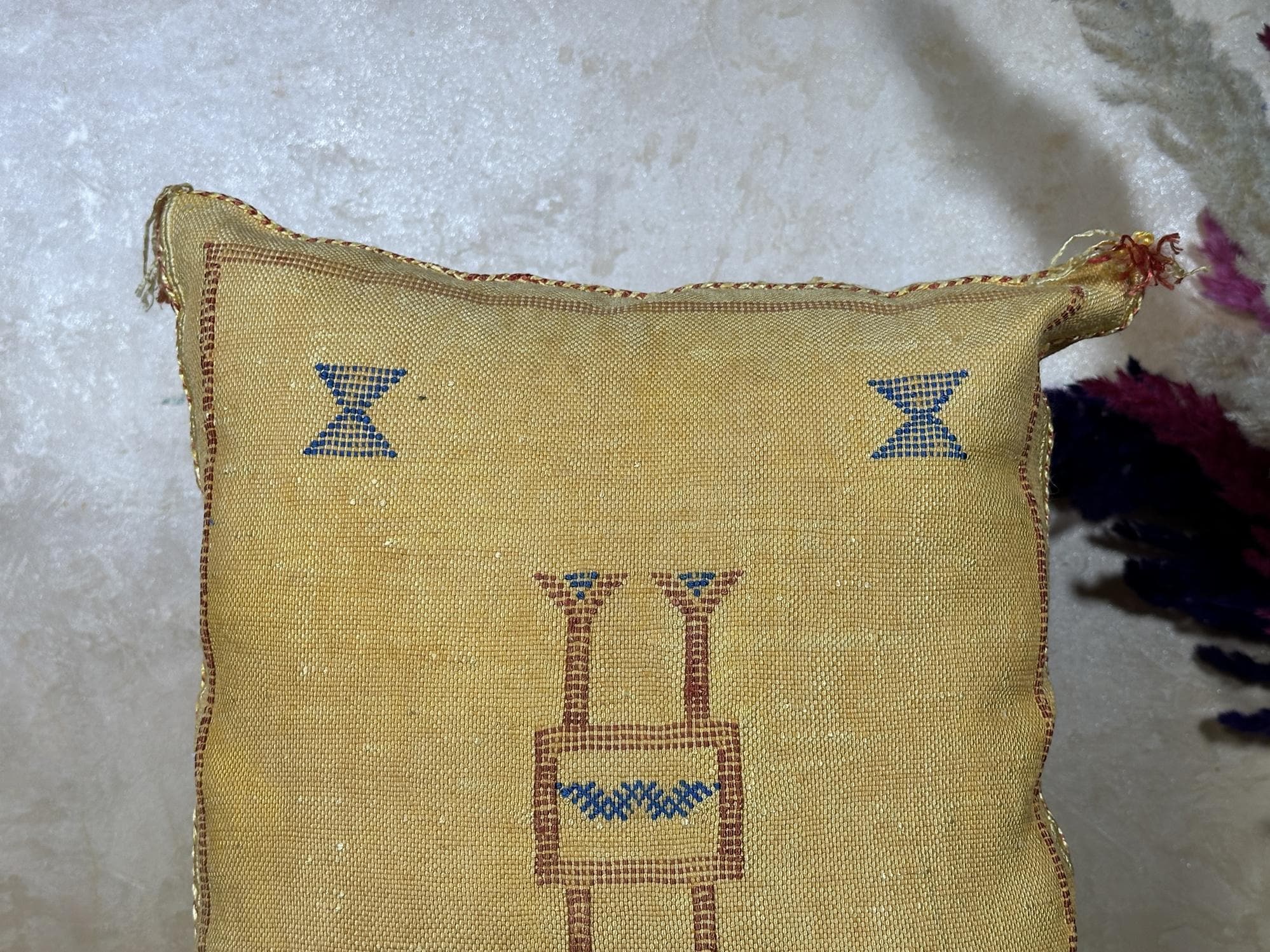Gold Moroccan Pillow Cover, Handmade Boho Cushion, Textured Silk Pillowcase, Blue Geo Accent Decor for So - product image 3