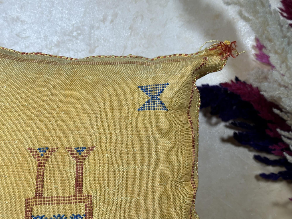Gold Moroccan Pillow Cover, Handmade Boho Cushion, Textured Silk Pillowcase, Blue Geo Accent Decor for So - product image 5