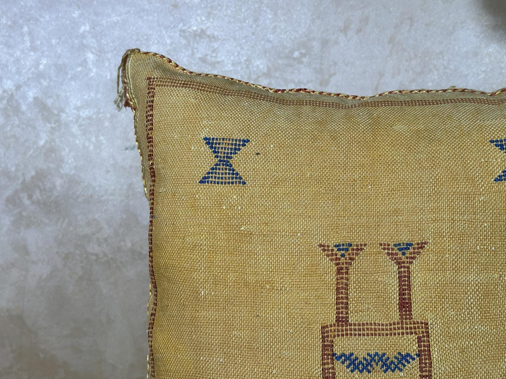 Gold Moroccan Pillow Cover, Handmade Boho Cushion, Textured Silk Pillowcase, Blue Geo Accent Decor for So - product image 6