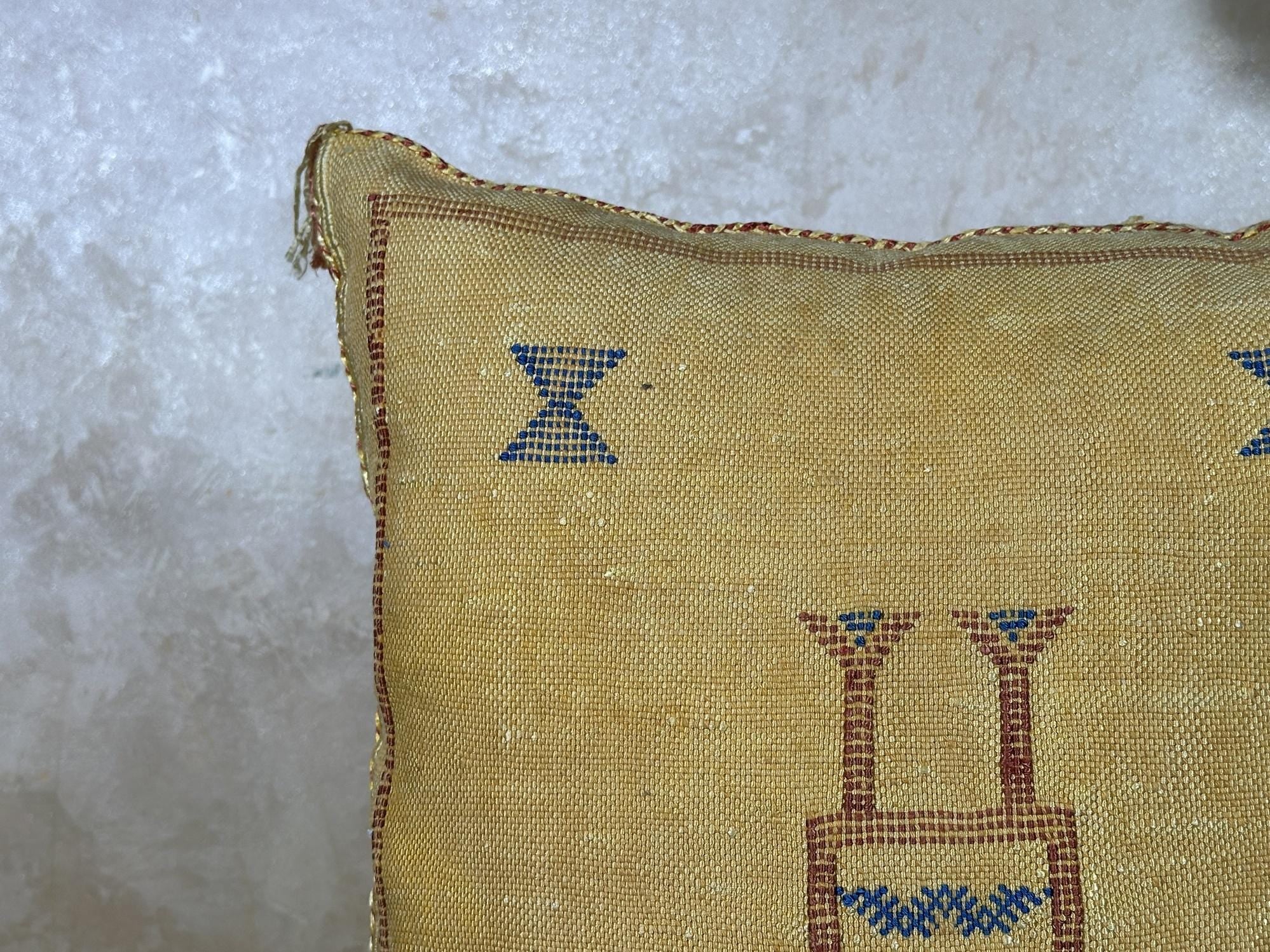 Gold Moroccan Pillow Cover, Handmade Boho Cushion, Textured Silk Pillowcase, Blue Geo Accent Decor for So - product image 6