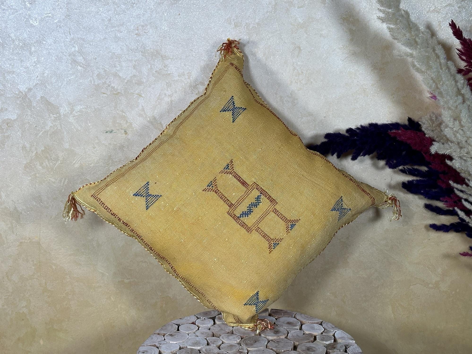 Gold Moroccan Pillow Cover, Handmade Boho Cushion, Textured Silk Pillowcase, Blue Geo Accent Decor for So - product image 9