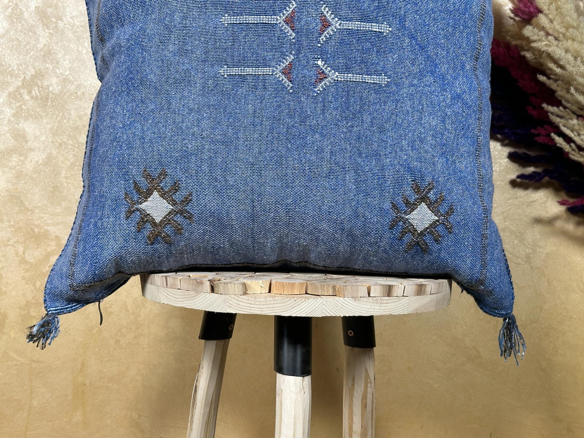 Blue Sabra Pillow Cover, Handmade Moroccan Boho Cushion, Embroidered Silk Pillowcase, Luxury Sofa Bed Dec - product image 2