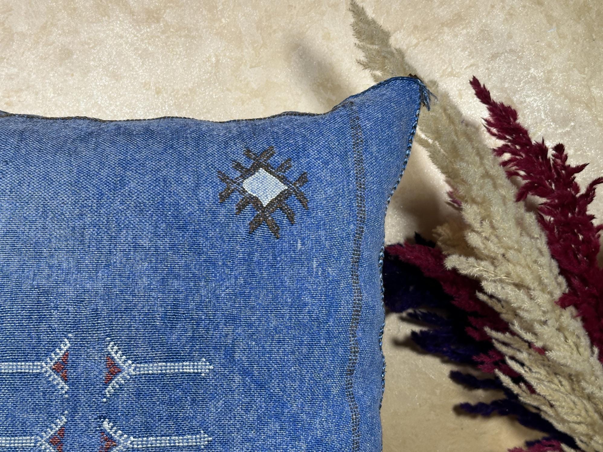 Blue Sabra Pillow Cover, Handmade Moroccan Boho Cushion, Embroidered Silk Pillowcase, Luxury Sofa Bed Dec - product image 6