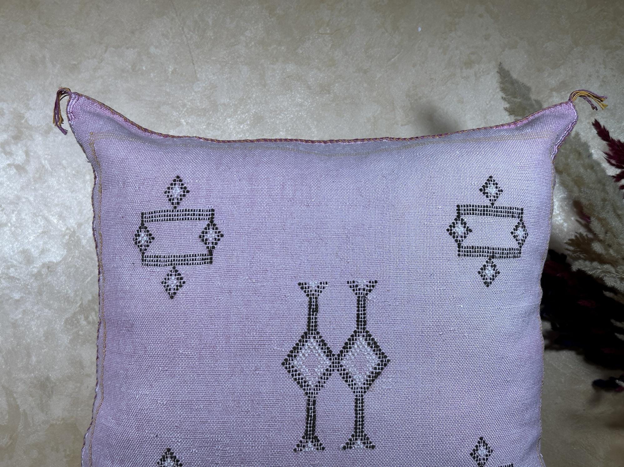 Lavender Sabra Silk Pillow Cover, Handmade Moroccan Boho Cushion, Geometric Embroidered Euro Sham, Luxury - product image 3