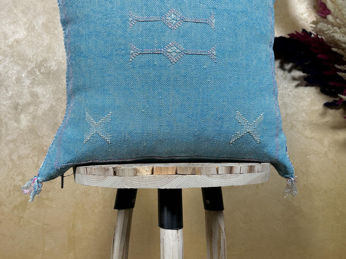 Blue Sabra Cactus Silk Pillow Cover, Handmade Moroccan Boho Pillowcase, Woven Berber Cushion for Sofa Bed - product image 3