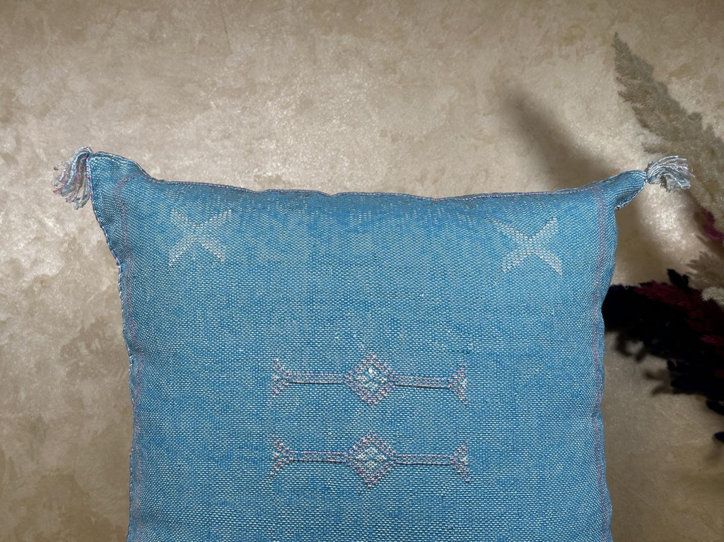 Blue Sabra Cactus Silk Pillow Cover, Handmade Moroccan Boho Pillowcase, Woven Berber Cushion for Sofa Bed - product image 2