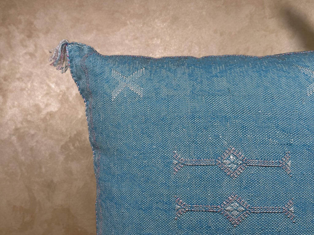 Blue Sabra Cactus Silk Pillow Cover, Handmade Moroccan Boho Pillowcase, Woven Berber Cushion for Sofa Bed - product image 6